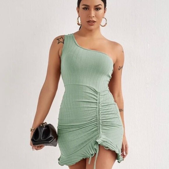 Mint green ruched one shoulder strap tank dress Lg - Picture 7 of 7